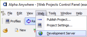 The Development Server settings are found under the Web menu on the Web Projects Control Panel.